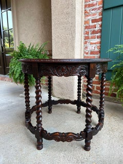 Antique French ROUND Side Center Table BARLEY TWIST Carved Oak Renaissance c1900