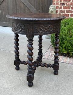 Antique French Round Side End Table Barley Twist Carved Oak Renaissance 19th C