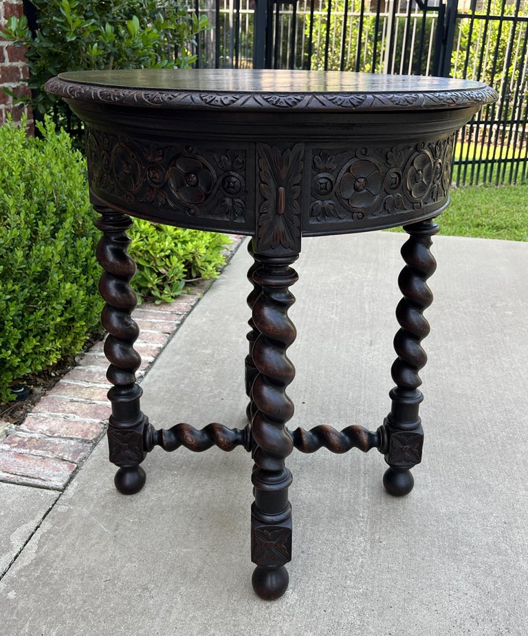 Antique French Round Side End Table Barley Twist Carved Oak Renaissance ...