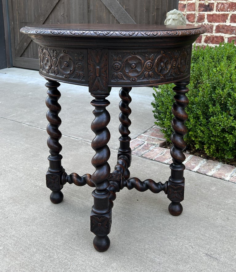 Antique French Round Side End Table Barley Twist Carved Oak Renaissance