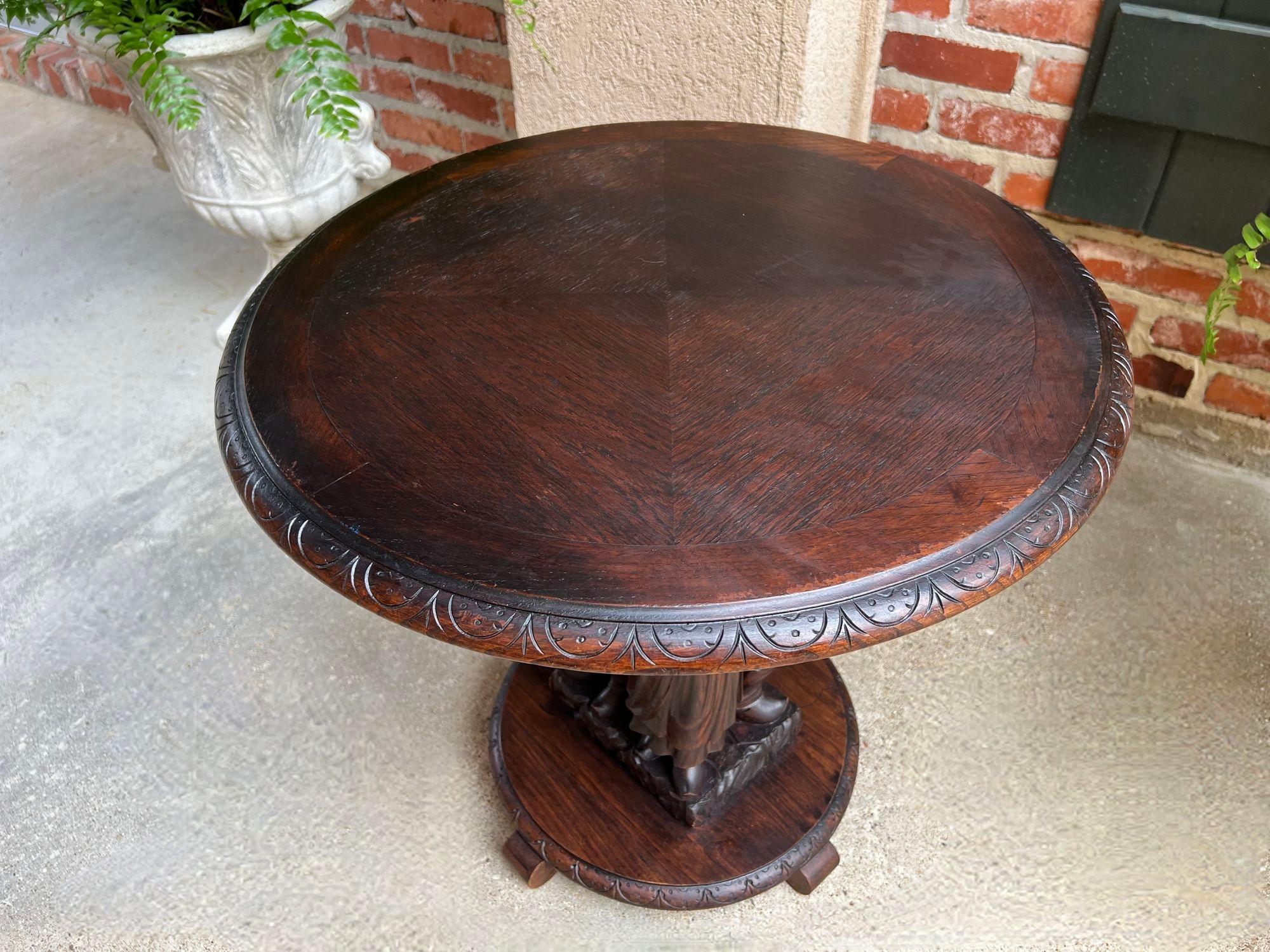 Antique French Round Side Lamp Table Breton Brittany Carved Oak Celtic Stand 5