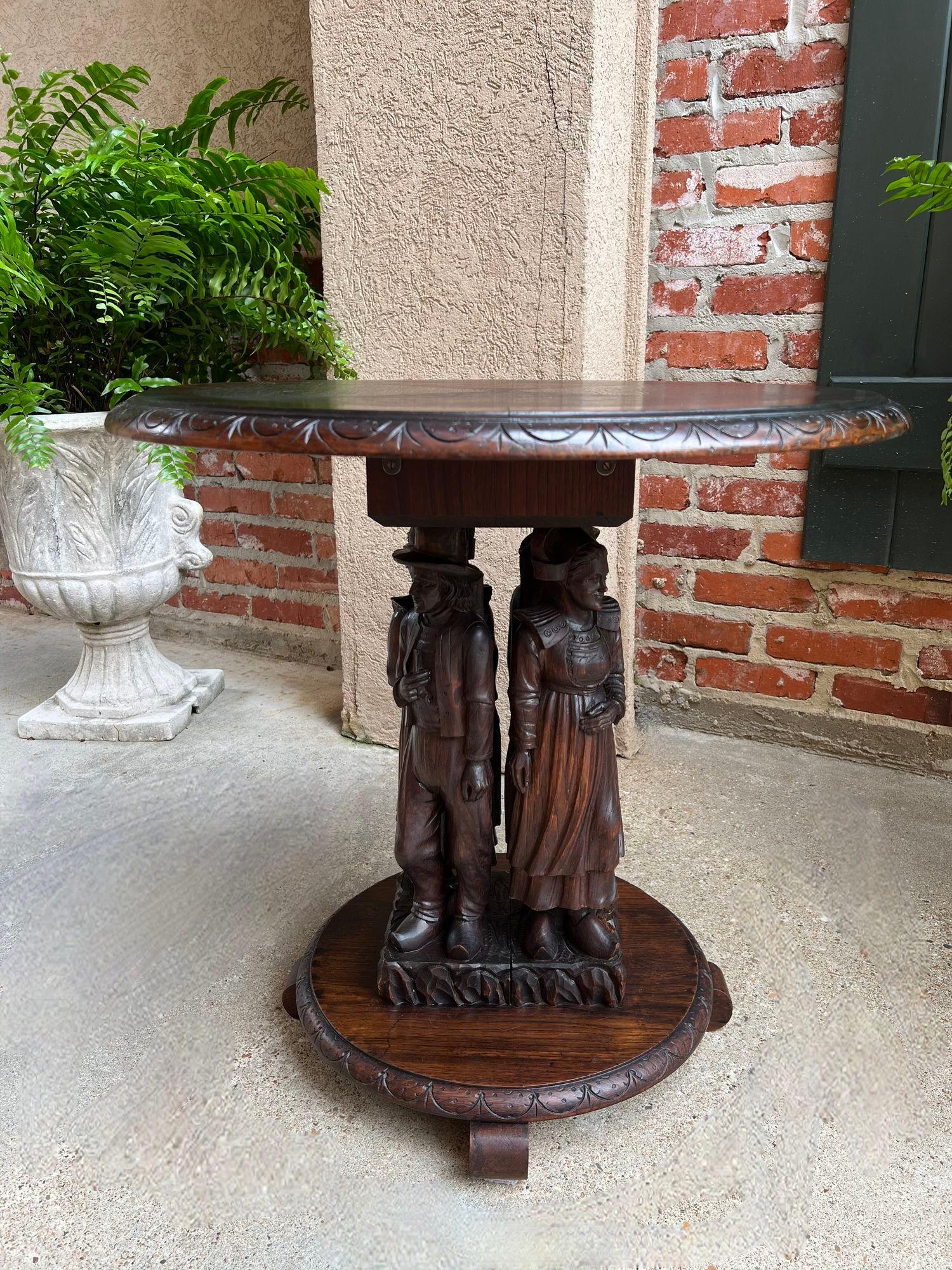 Antique French Round Side Lamp Table Breton Brittany Carved Oak Celtic Stand 7