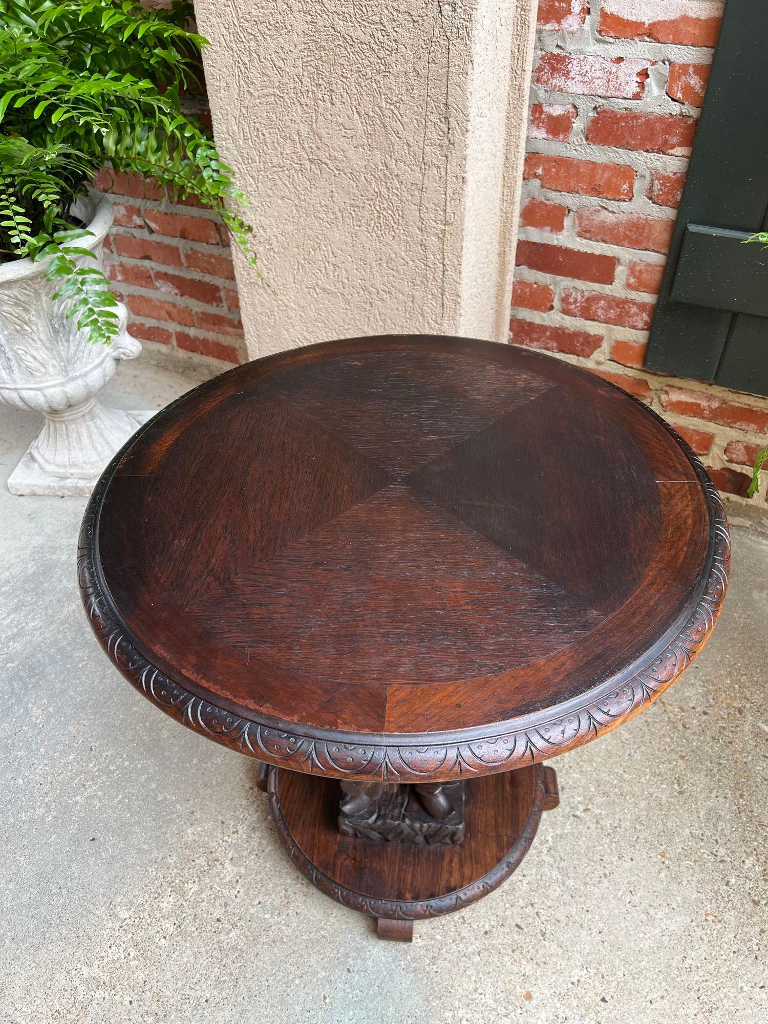 Antique French Round Side Lamp Table Breton Brittany Carved Oak Celtic Stand 11
