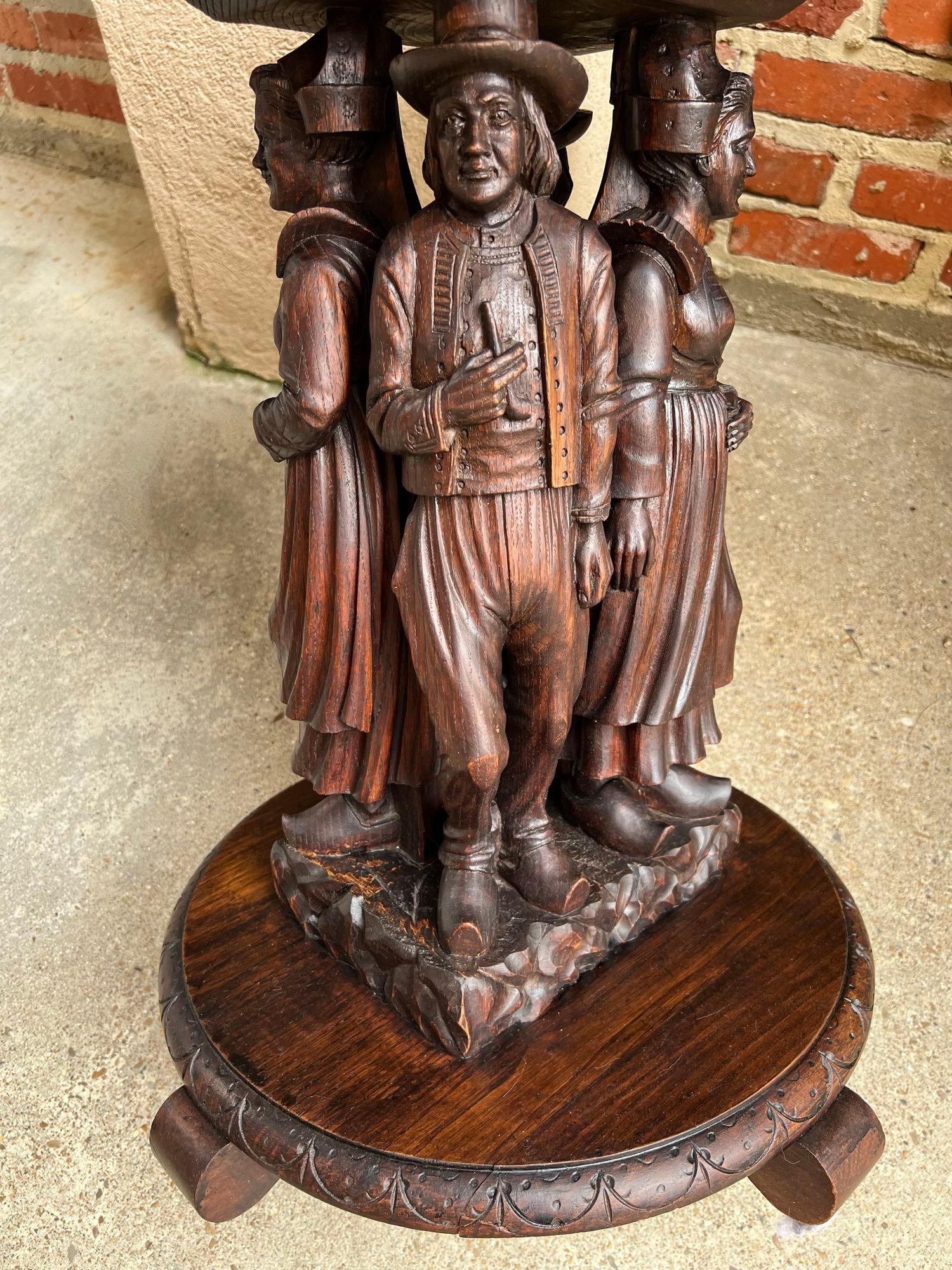 Antique French Round Side Lamp Table Breton Brittany Carved Oak Celtic Stand 14