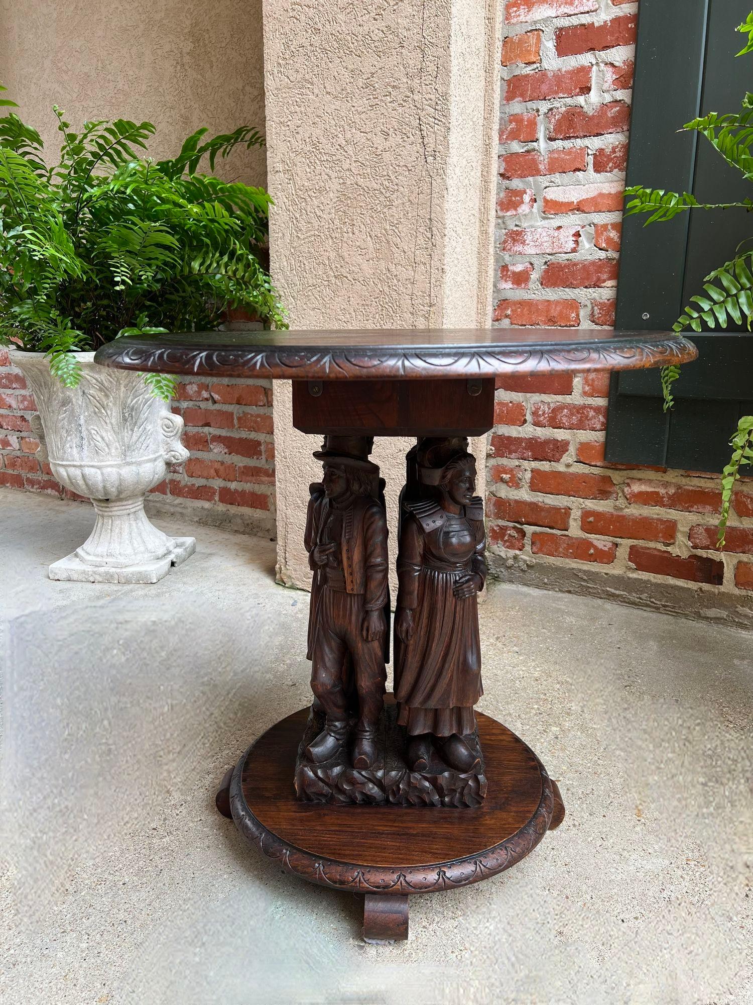French Provincial Antique French Round Side Lamp Table Breton Brittany Carved Oak Celtic Stand