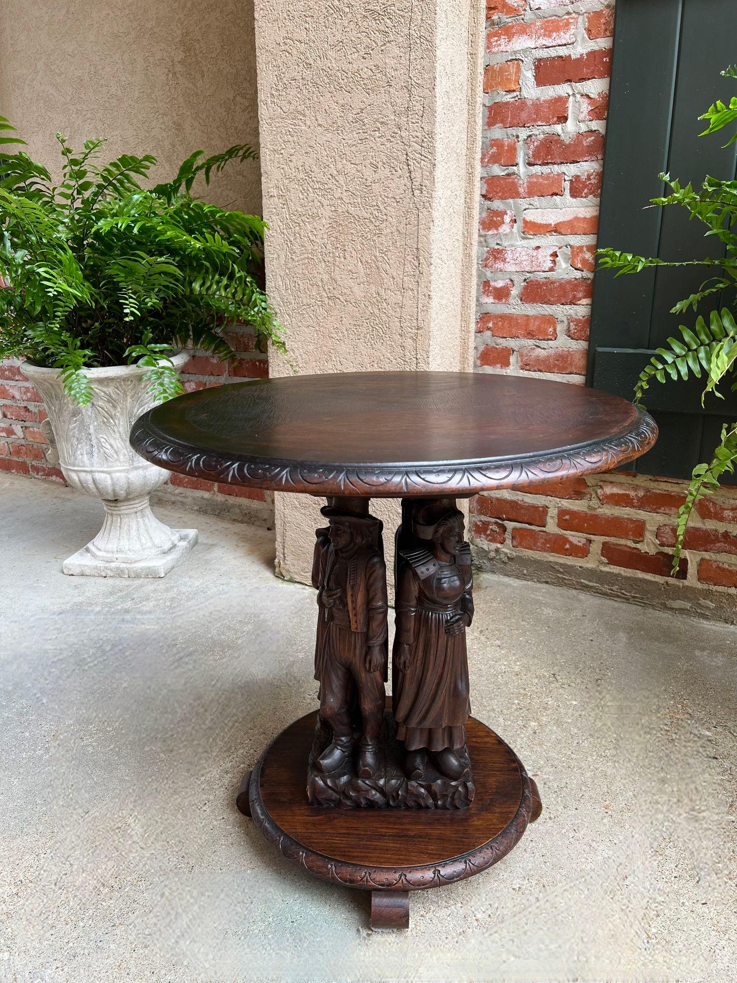 Hand-Carved Antique French Round Side Lamp Table Breton Brittany Carved Oak Celtic Stand