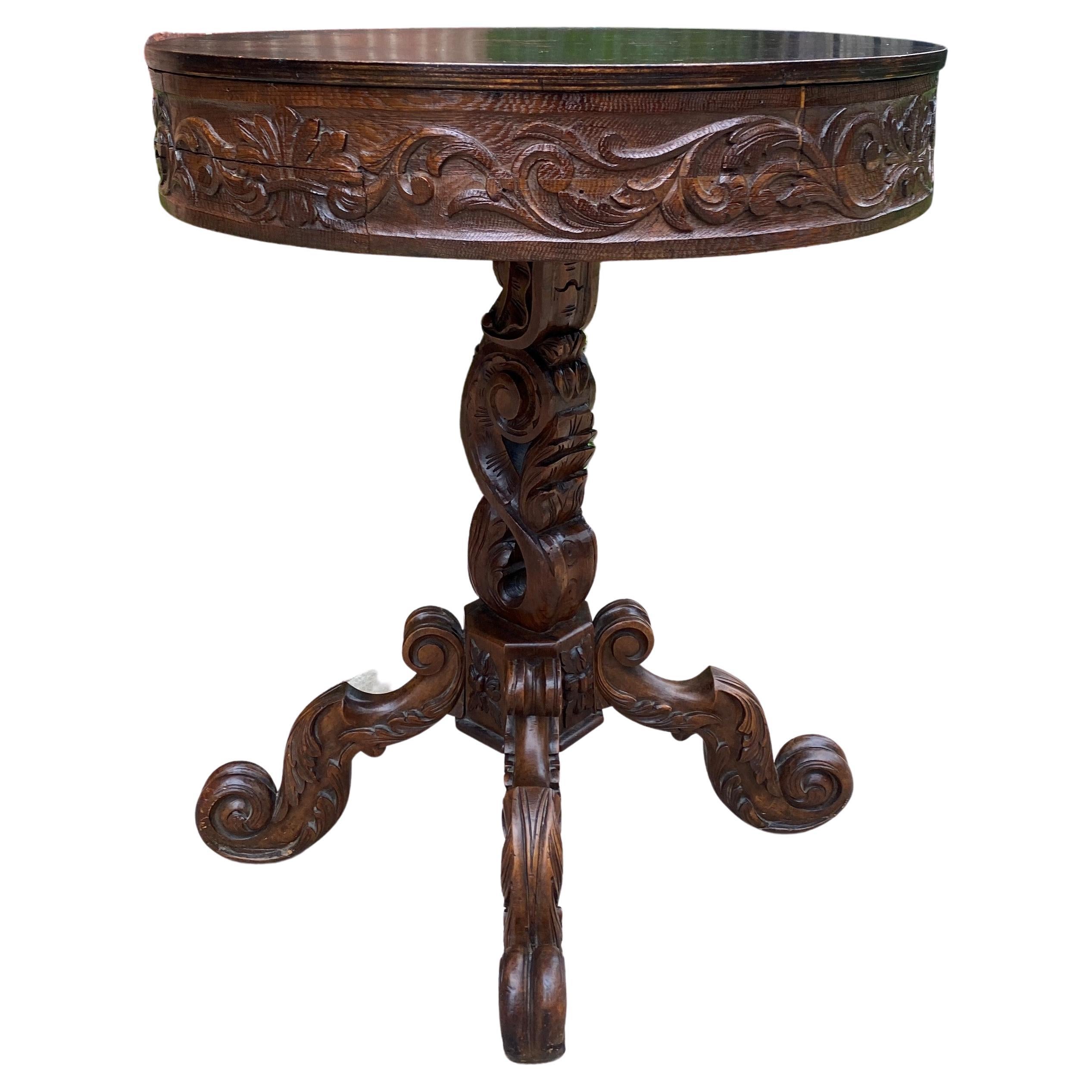 Ancienne table ronde française d'entrée ou de salon, centre de table ou piédestal Renaissance, XIXe siècle