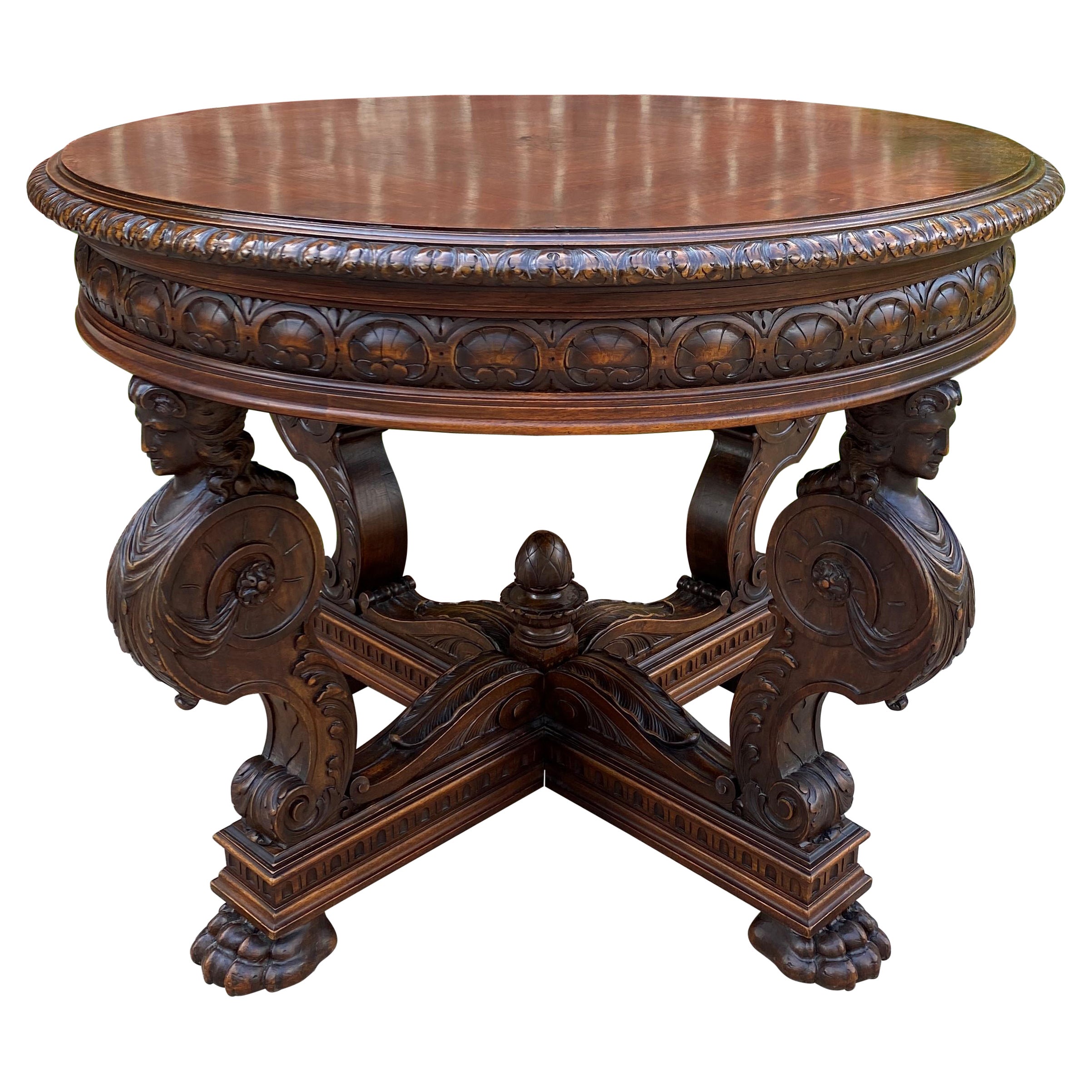 Antique French Round Table Entry Center Parlor Table Renaissance Revival 19th C