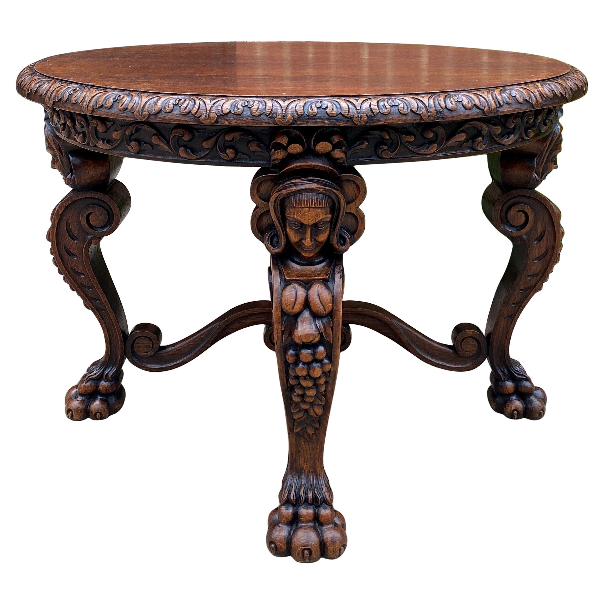 Antique French Round Table Entry Sofa Foyer Coffee Table Renaissance Revival Oak