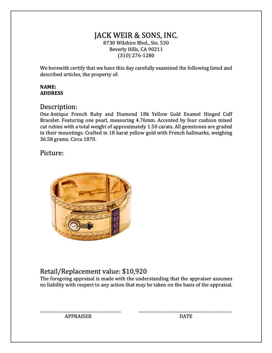 Antikes französisches Manschettenarmband mit Scharnier, Rubin und Diamant 18k Gelbgold Emaille im Angebot 1