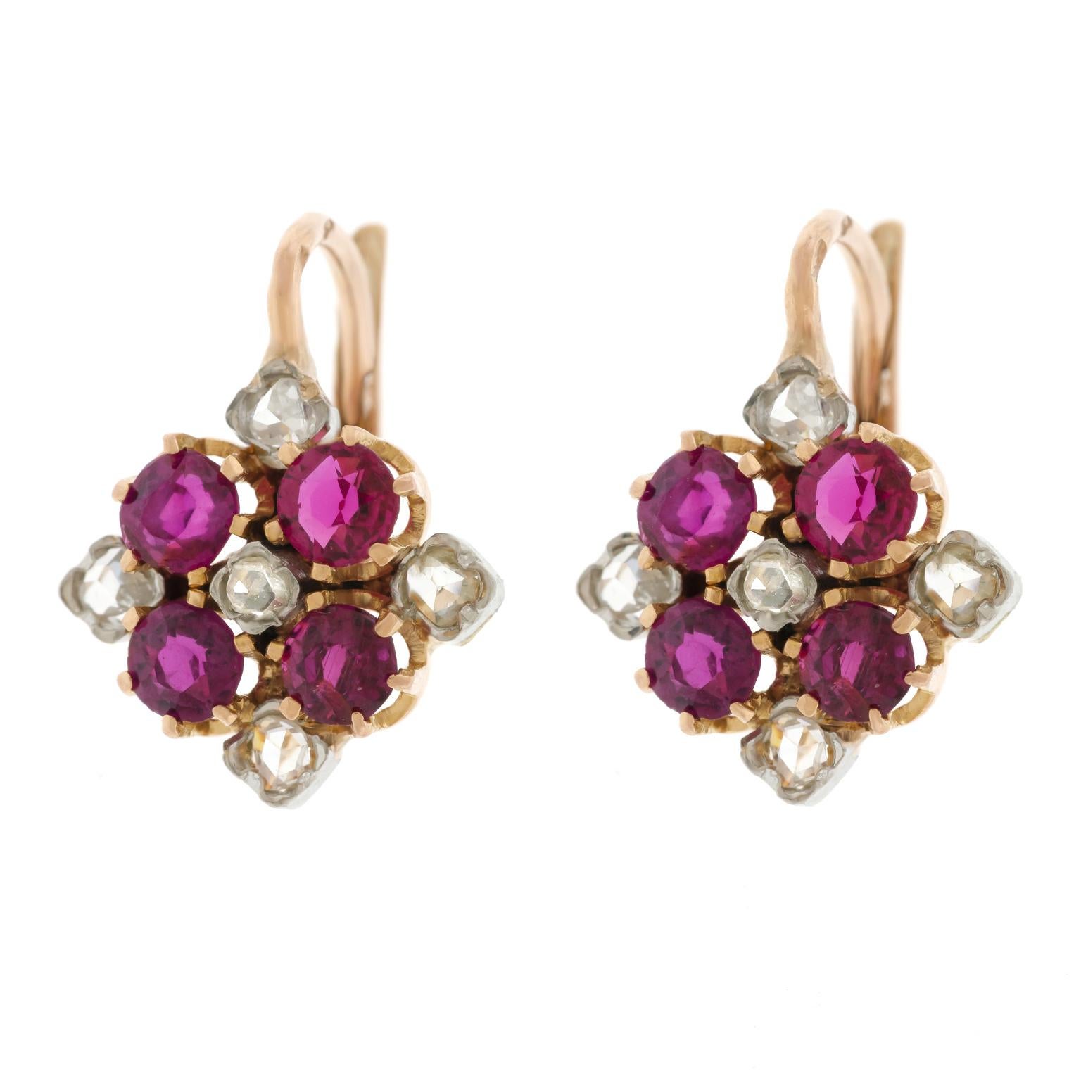 Antique French Ruby and Diamond Set Gold Earrings In Good Condition In Litchfield, CT