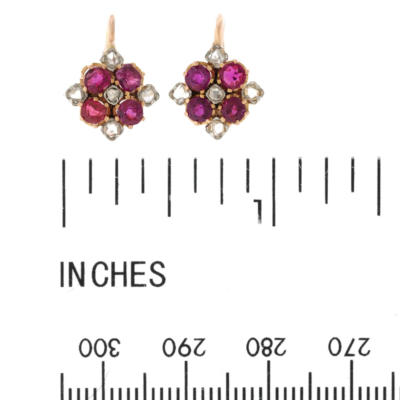 Antique French Ruby and Diamond Set Gold Earrings 2