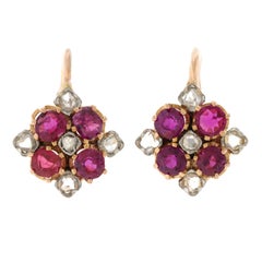 Antique French Ruby and Diamond Set Gold Earrings