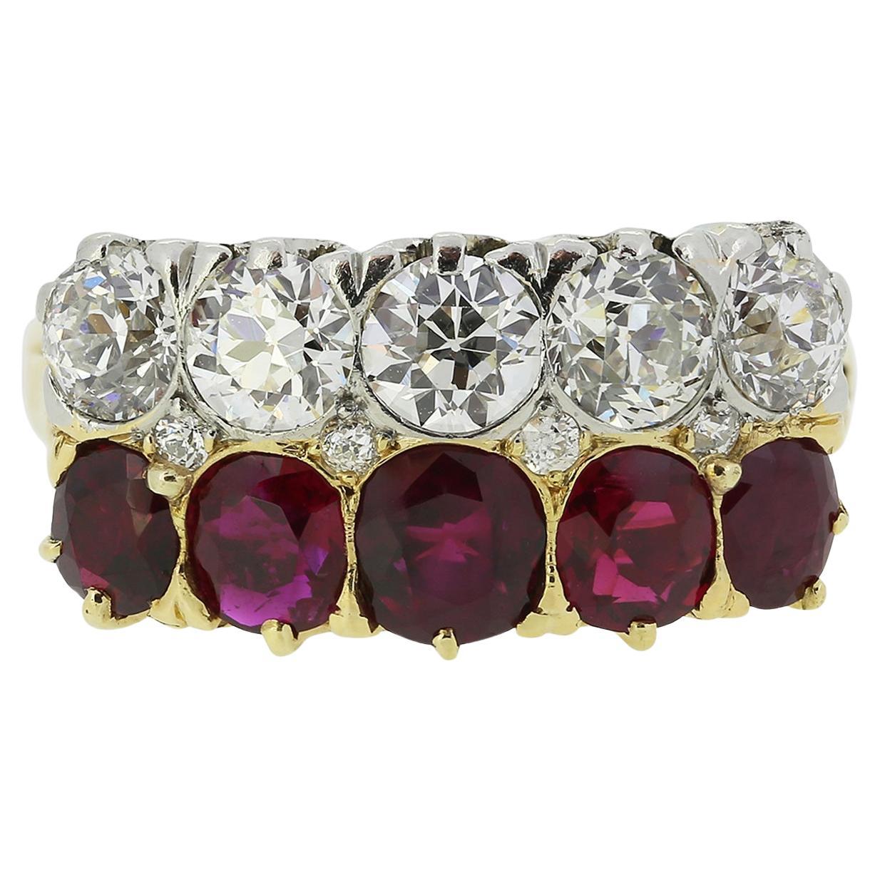 Antique French Ruby and Diamond Two Row Ring