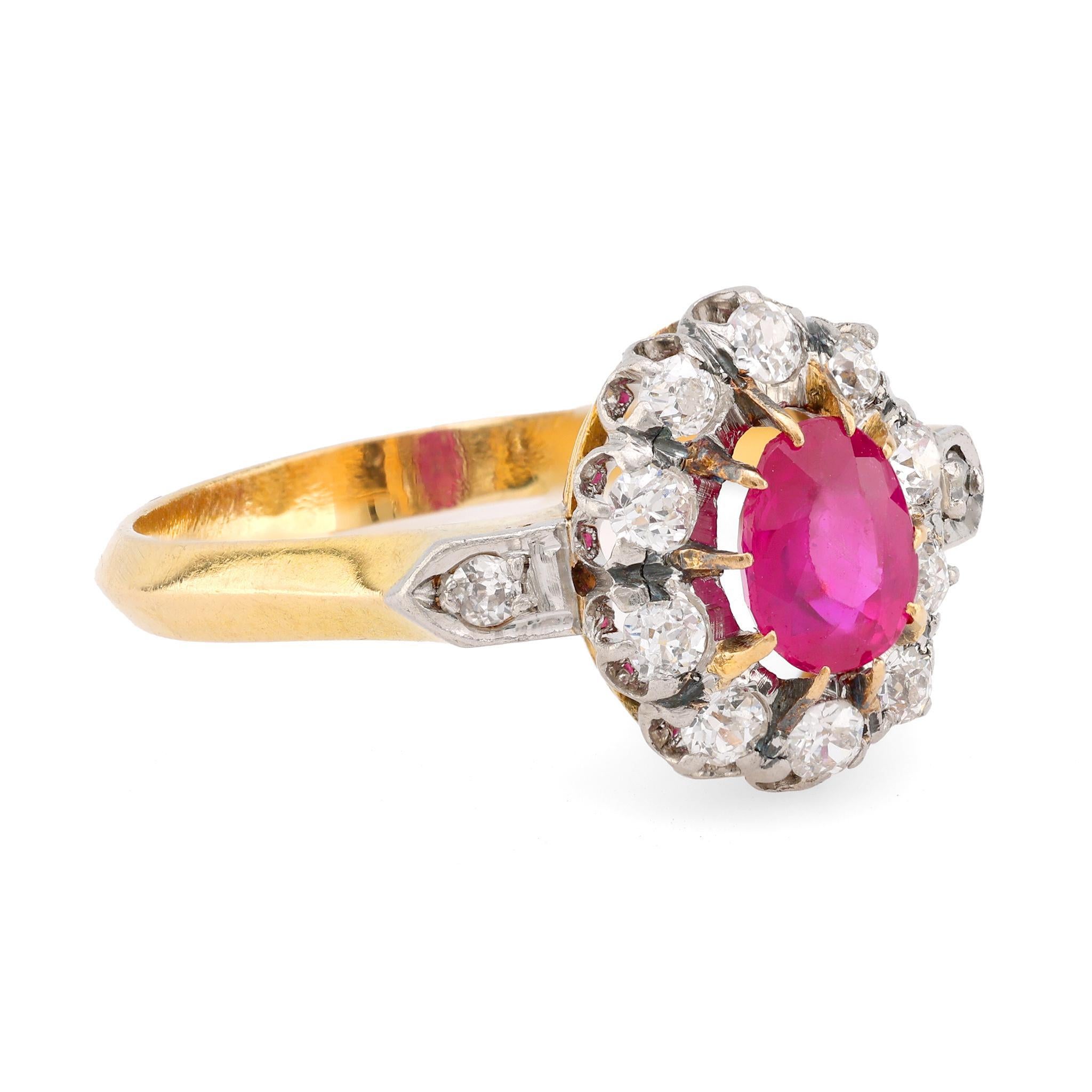 Victorian Antique French Ruby Diamond 18K Yellow Gold Cluster Ring