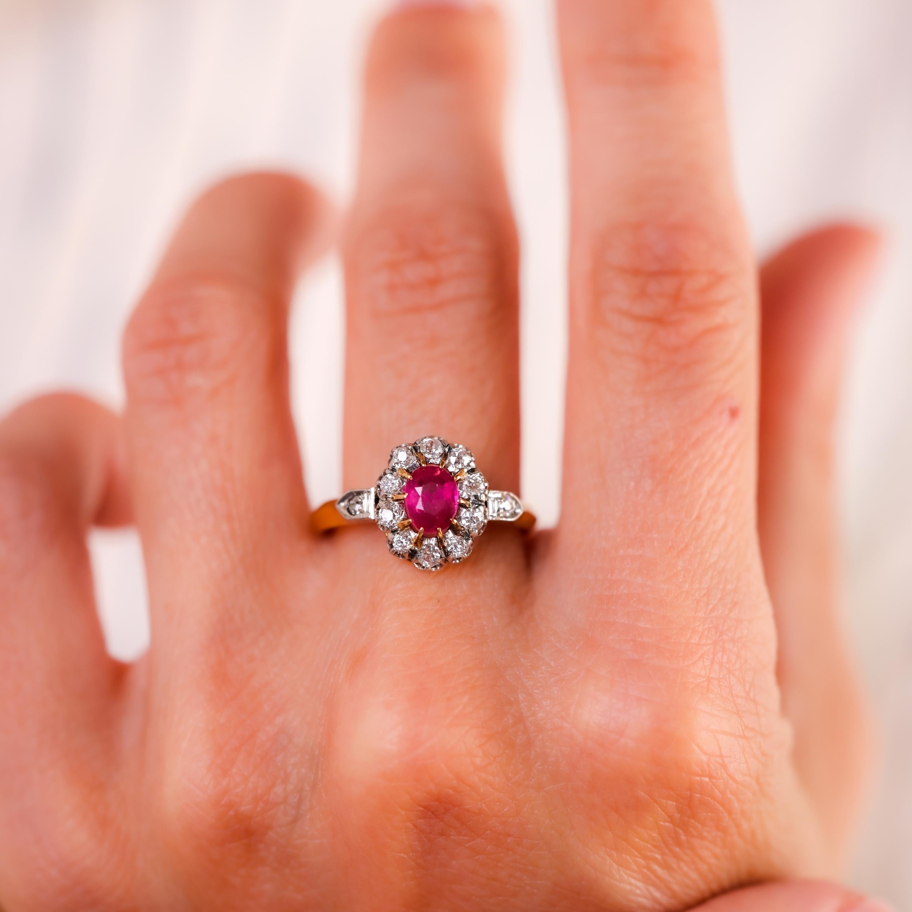 Oval Cut Antique French Ruby Diamond 18K Yellow Gold Cluster Ring
