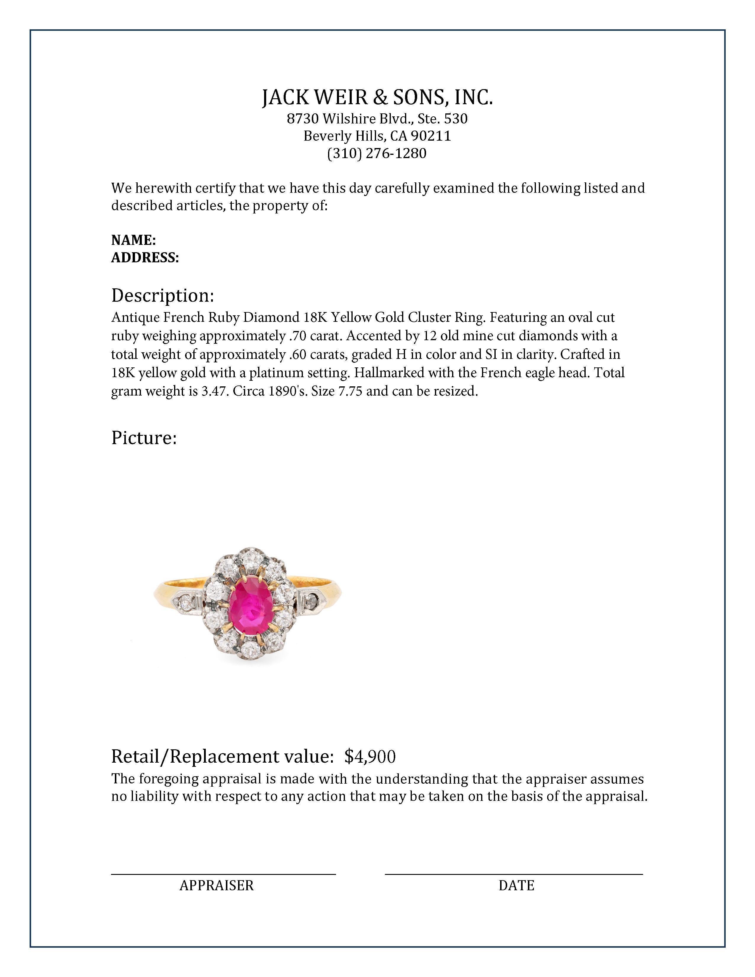 Antique French Ruby Diamond 18K Yellow Gold Cluster Ring In Excellent Condition In Beverly Hills, CA