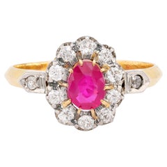 Antique French Ruby Diamond 18K Yellow Gold Cluster Ring