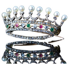 Antique French Ruby, Emerald, Diamond Pearl Crown Coronet Brooch 18K Gold c.1900