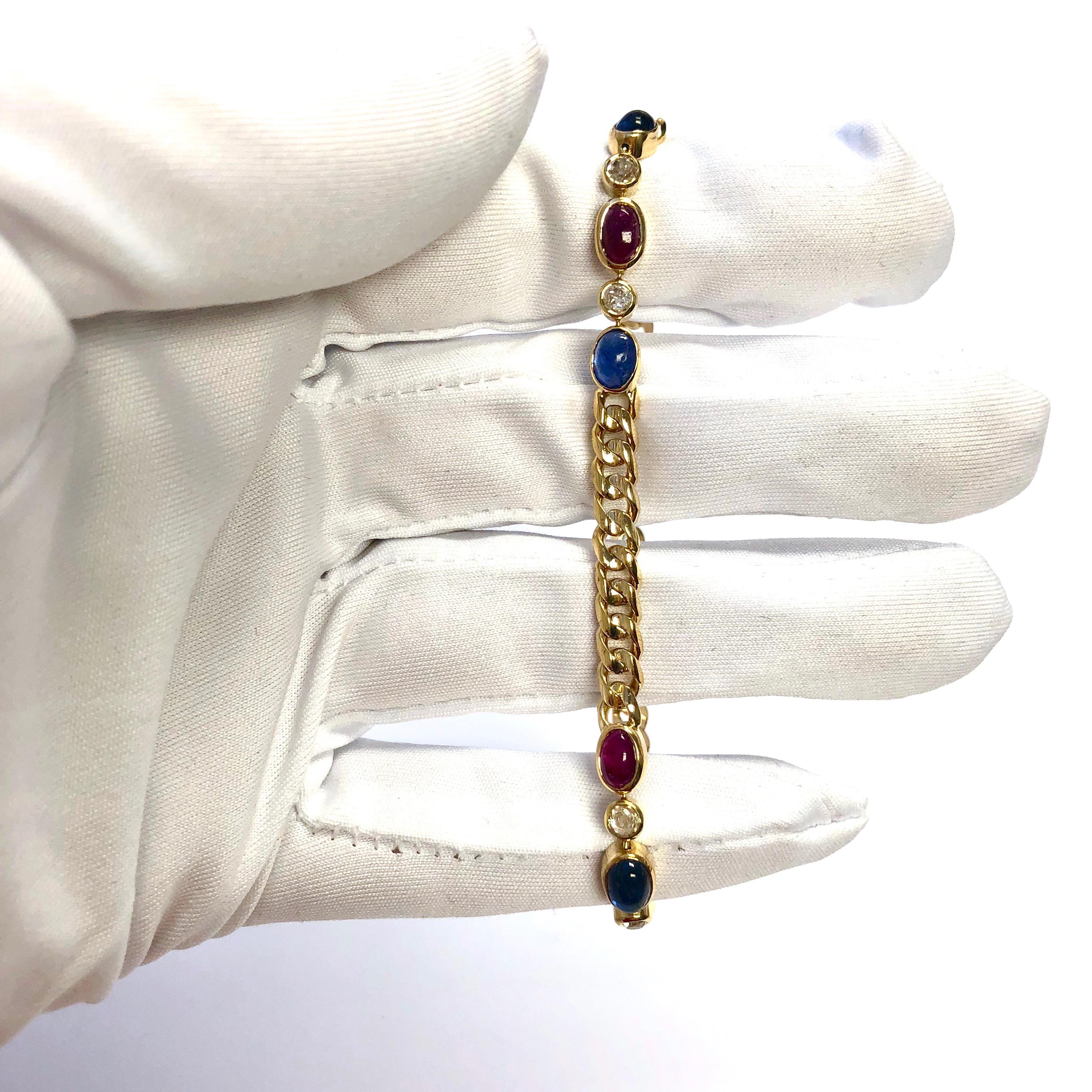Women's or Men's Antique French Ruby Sapphire Diamond Gold Bracelet For Sale