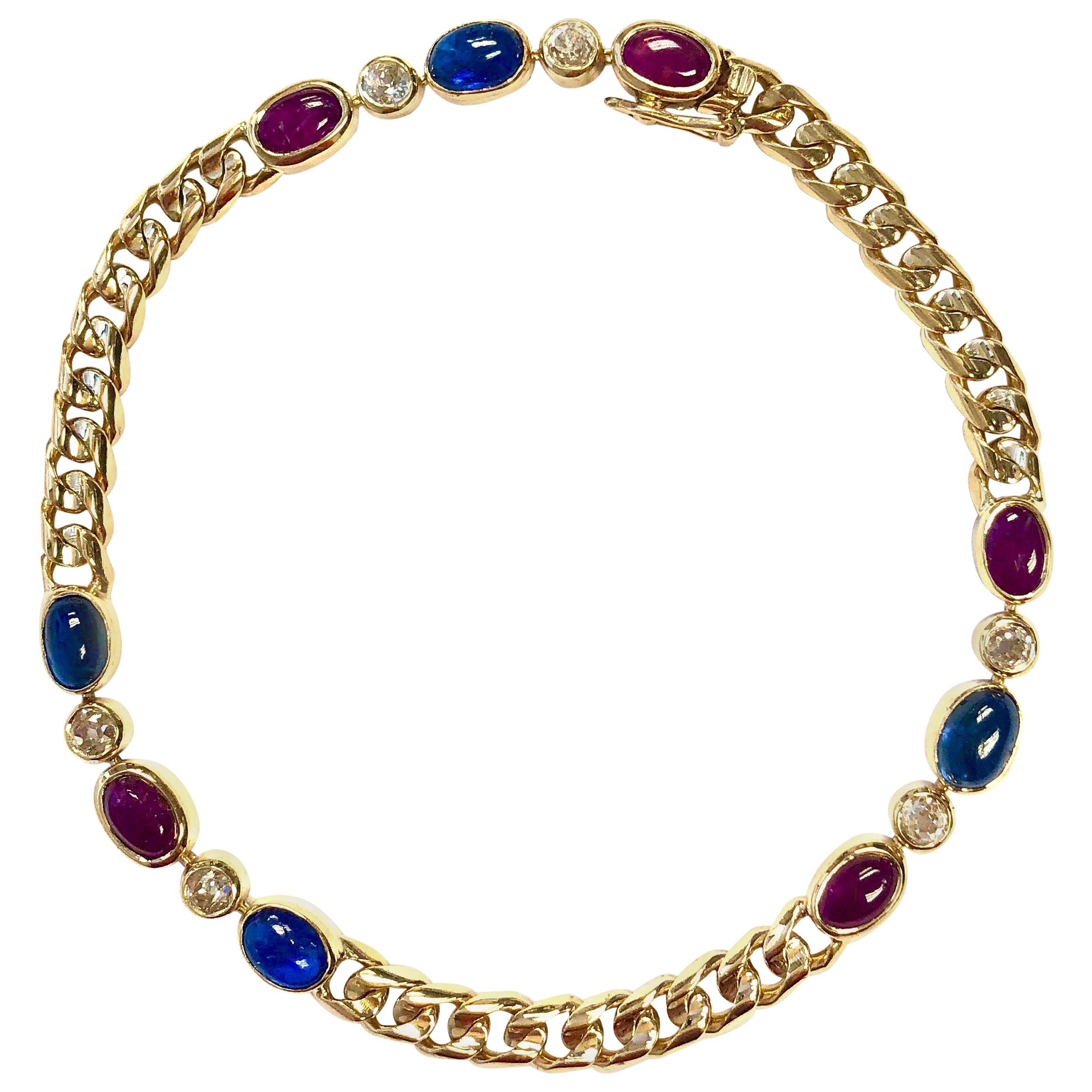 Antique French Ruby Sapphire Diamond Gold Bracelet For Sale