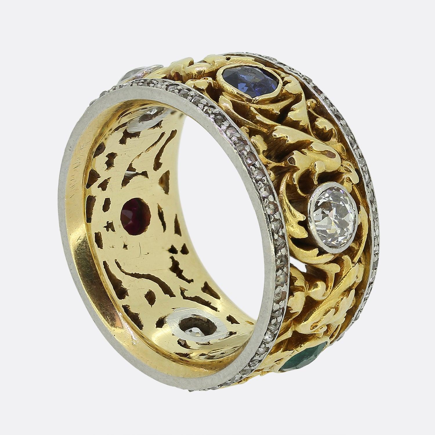 Round Cut Antique French Ruby Sapphire Emerald Diamond Band Ring