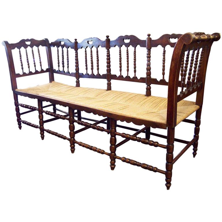 Antique French Rush Seated Bench with Spindle Back