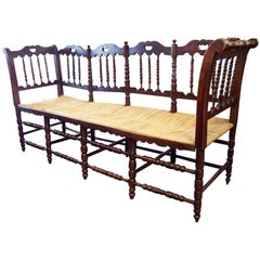 Antique French Rush Seated Bench with Spindle Back