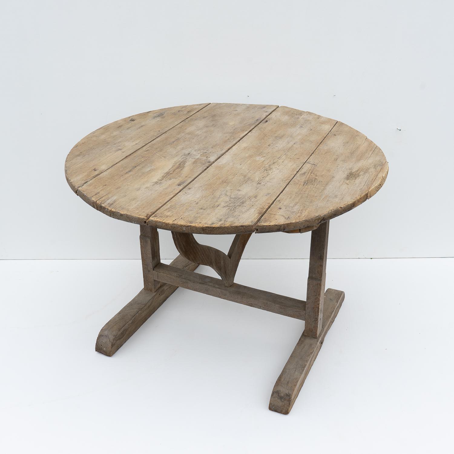 Antique French Rustic Bleached Oak Circular Vendange Dining Table, Tilt Top 2