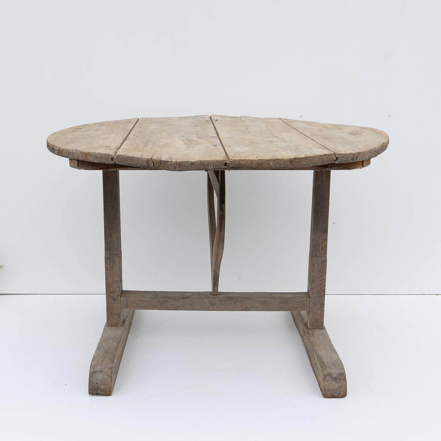 Antique French Rustic Bleached Oak Circular Vendange Dining Table, Tilt Top 3