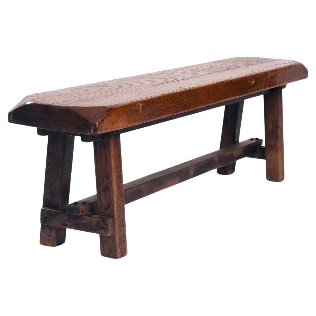 Antique French rustic brutalist oak bench