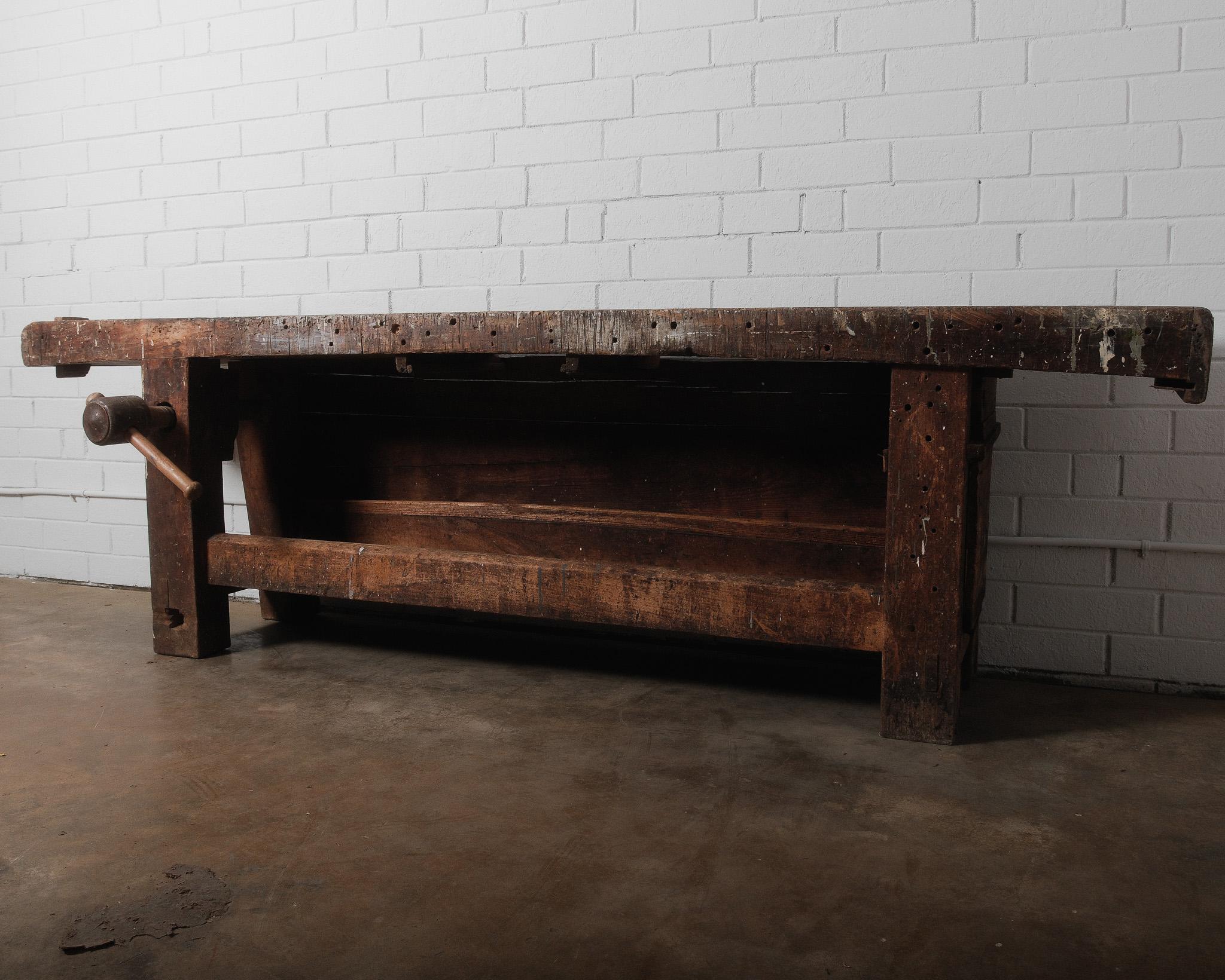 Antique French Rustic Carpenter’s Workbench with Vise, 19th Century In Distressed Condition For Sale In High Point, NC