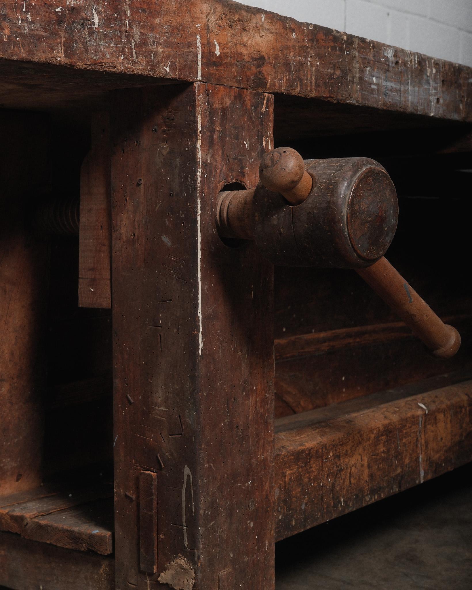 Wood Antique French Rustic Carpenter’s Workbench with Vise, 19th Century For Sale