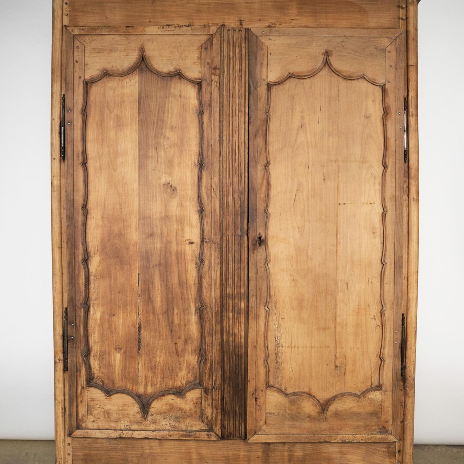 Hand-Crafted Antique French Rustic Country 19th C Hand Carved Fruitwood Armoire or Wardrobe For Sale