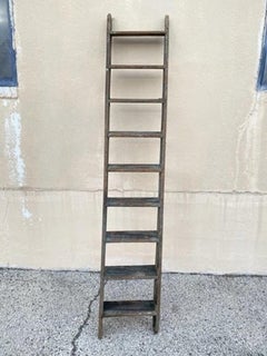 Antique French Rustic Primitive Green Distress Painted 103" Wooden Barn Ladder