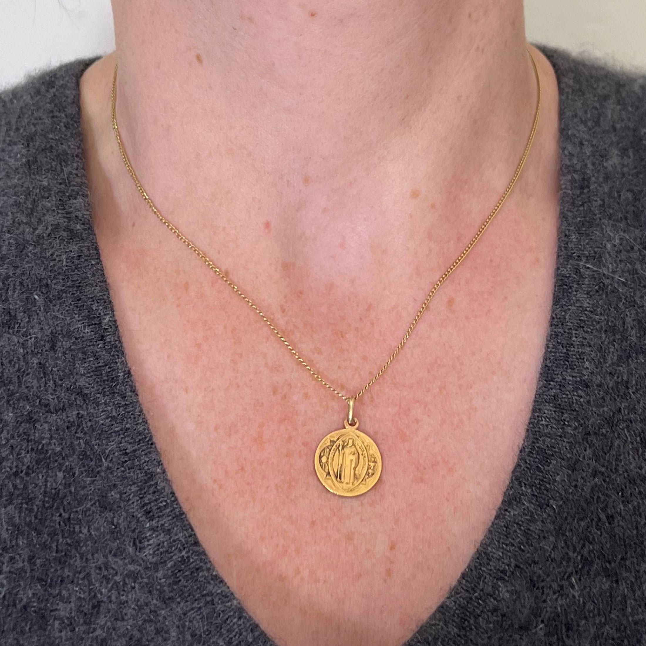 Women's or Men's Antique French Saint Benedict 18 Karat Yellow Gold Medal Charm Pendant For Sale