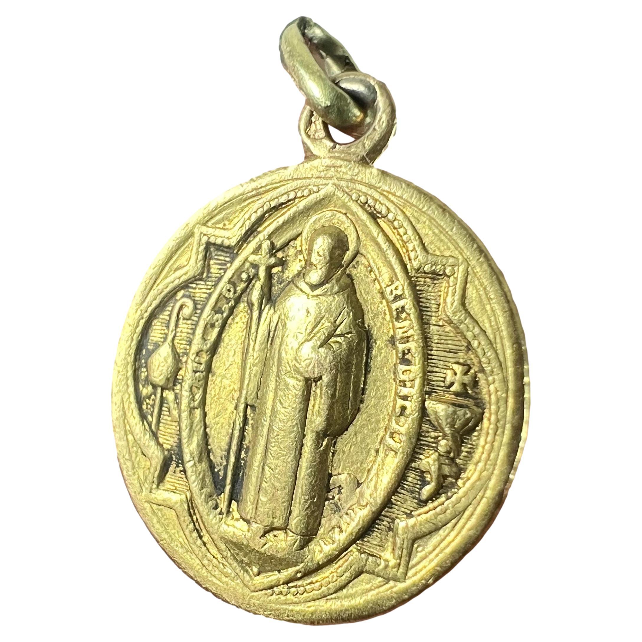Antique French Saint Benedict 18 Karat Yellow Gold Medal Charm Pendant For Sale