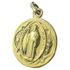 Antique French Saint Benedict 18 Karat Yellow Gold Medal Charm Pendant