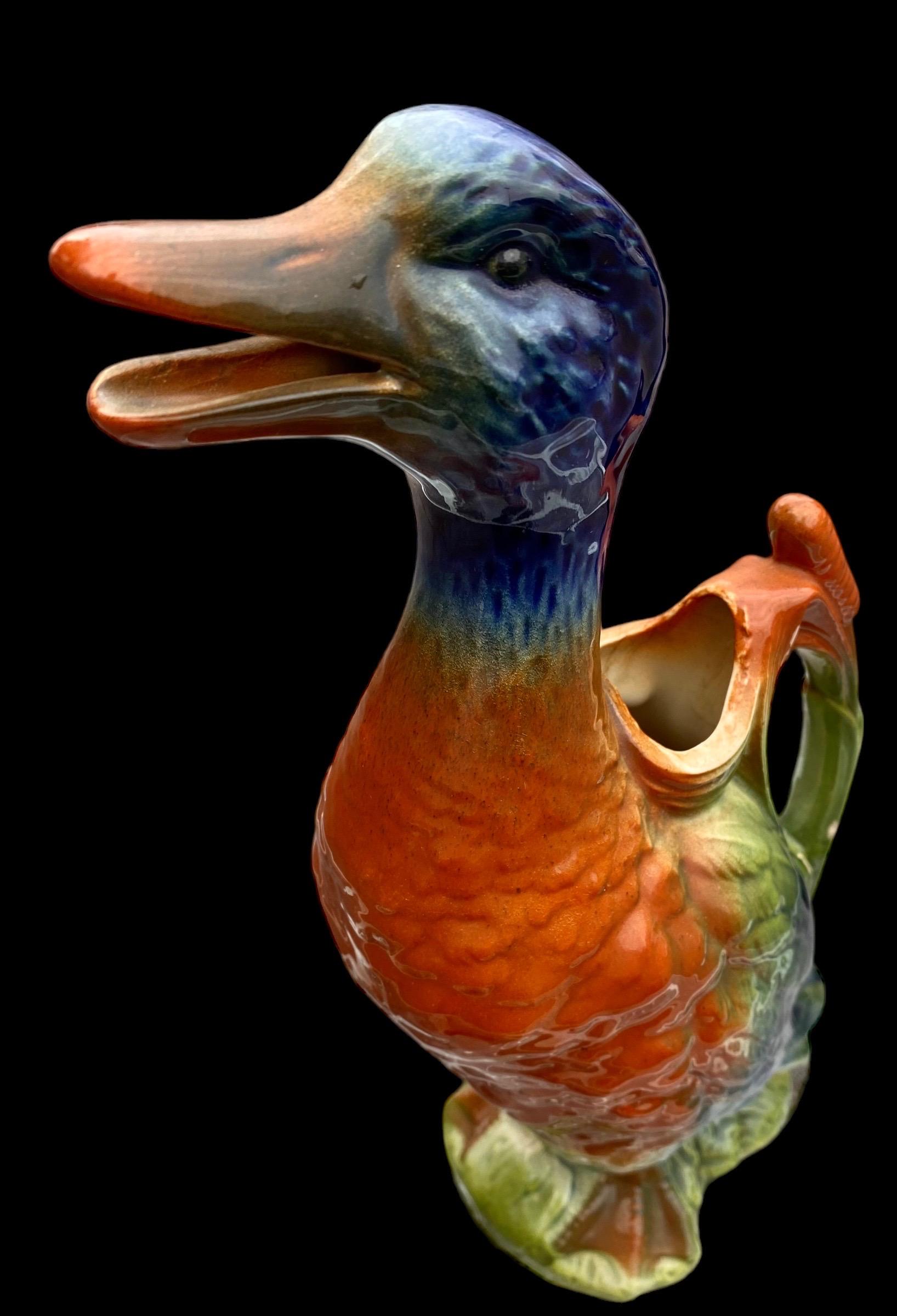 Faience Antique French Saint Clement Majolica Mallard Drake Pitcher For Sale