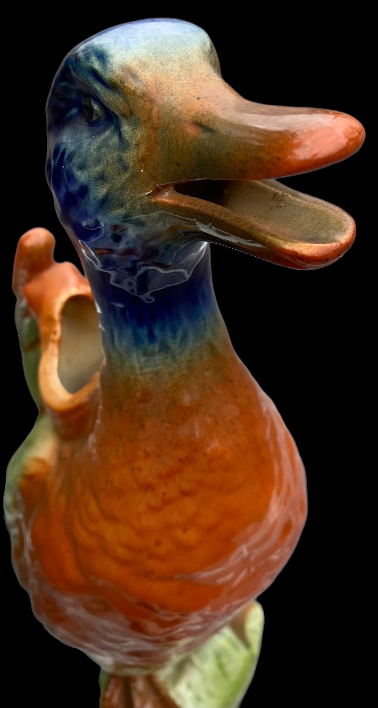Antique French Saint Clement Majolica Mallard Drake Pitcher For Sale 1