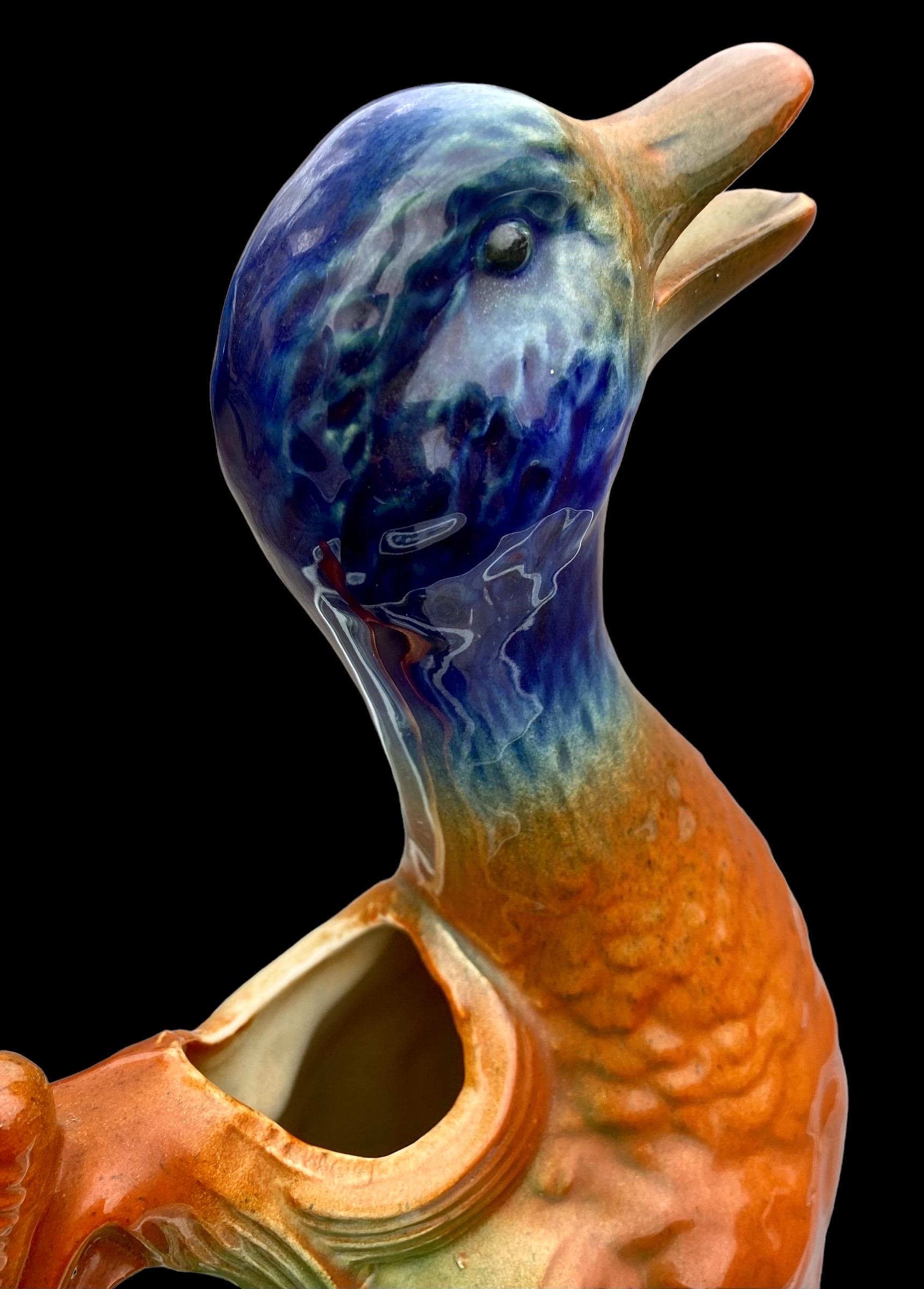 Antique French Saint Clement Majolica Mallard Drake Pitcher For Sale 3