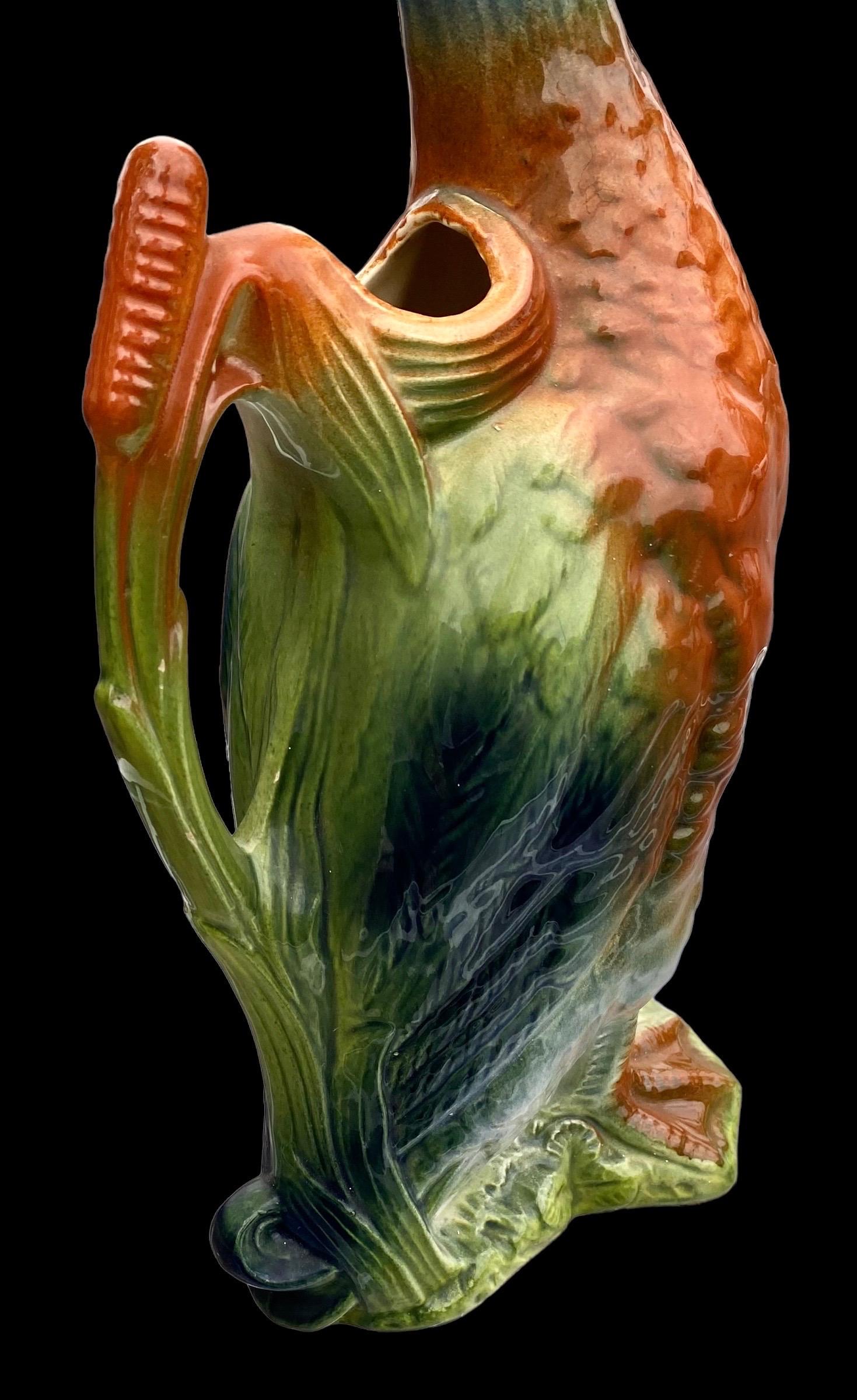 Art Nouveau Antique French Saint Clement Majolica Mallard Drake Pitcher For Sale