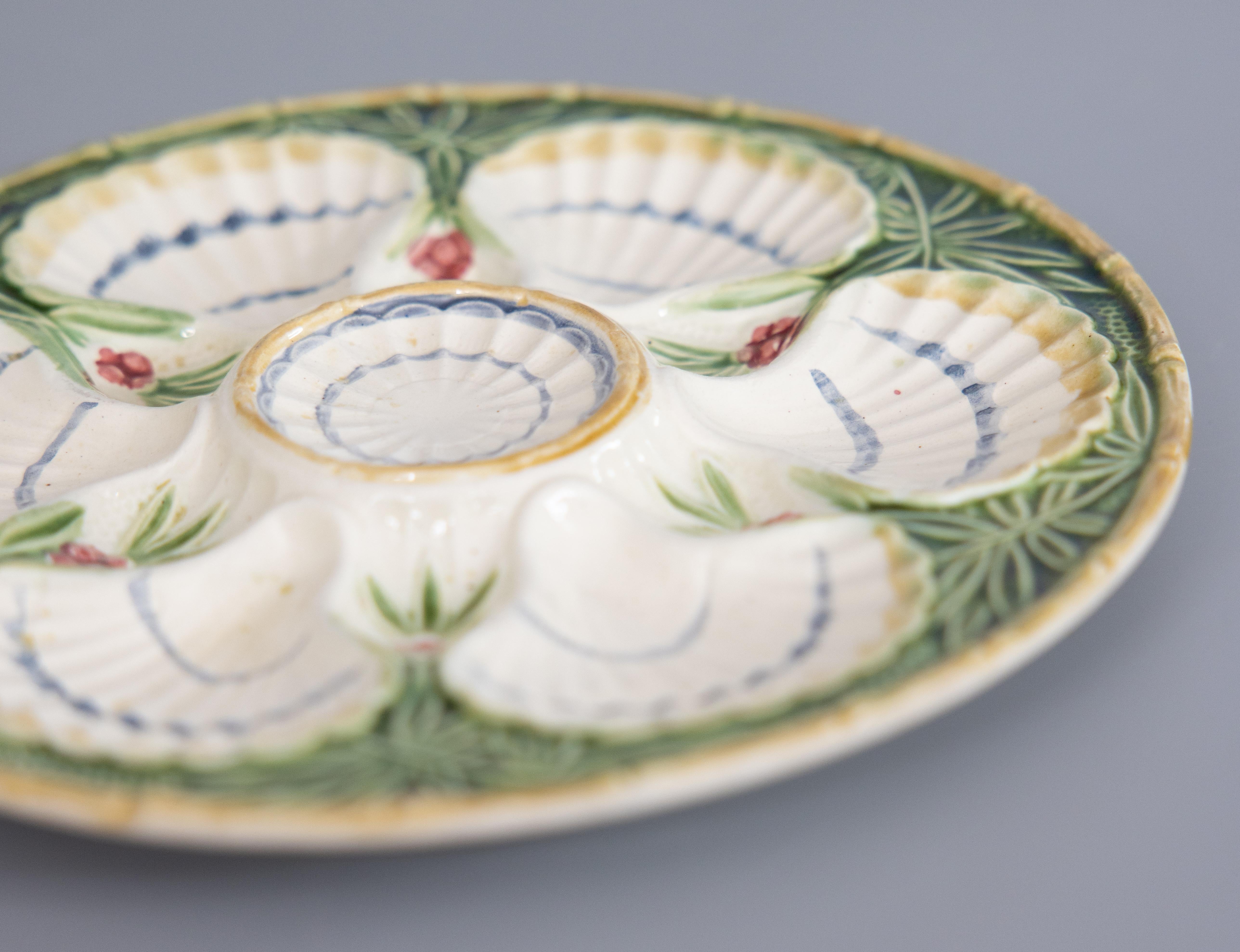 19th Century Antique French Salins Majolica Bamboo and Berries Oyster Plate, circa 1890