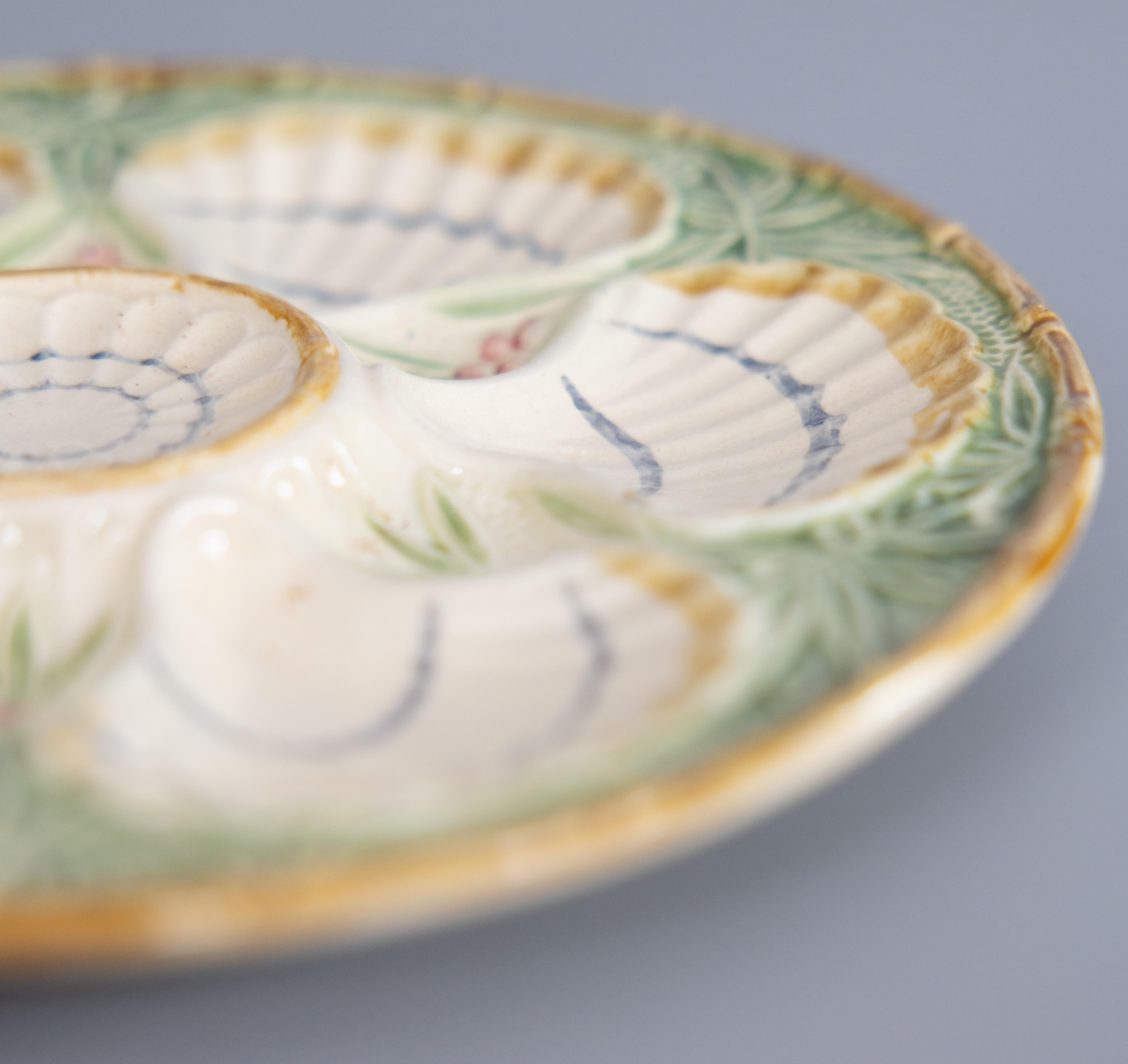 19th Century Antique French Salins Majolica Bamboo and Berries Oyster Plate, circa 1890