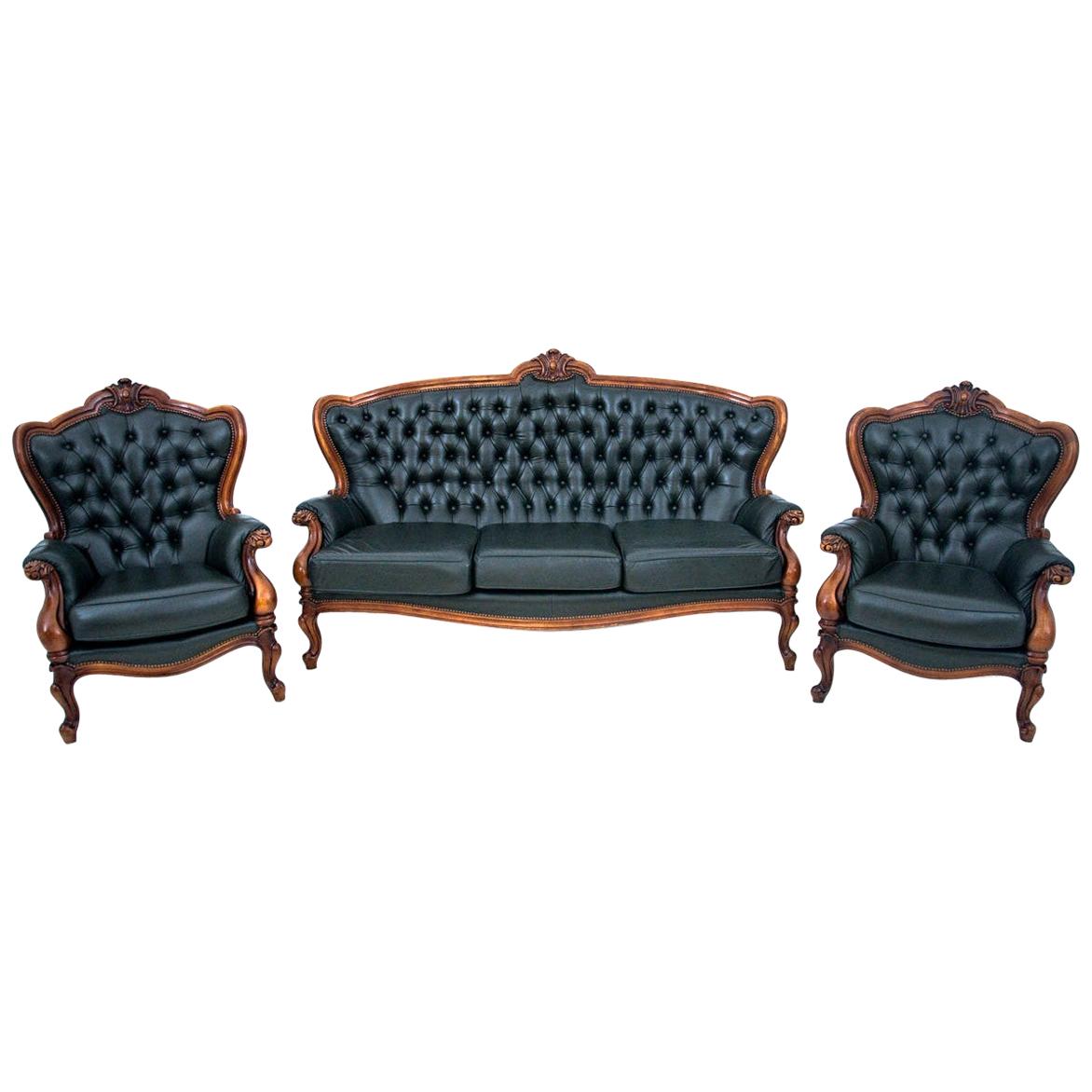 Antique French Salon Set in the Louis Philippe Style in Black Leather