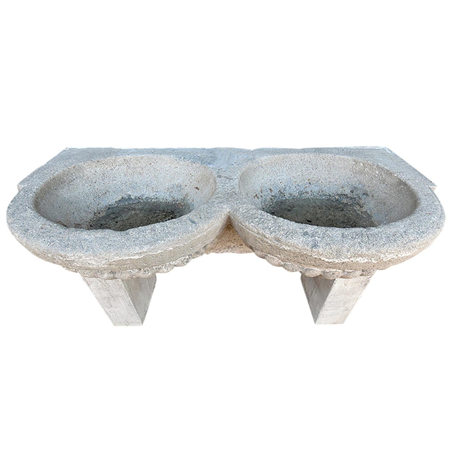 Antique French Sandstone Double Basin Sink, 19th Century