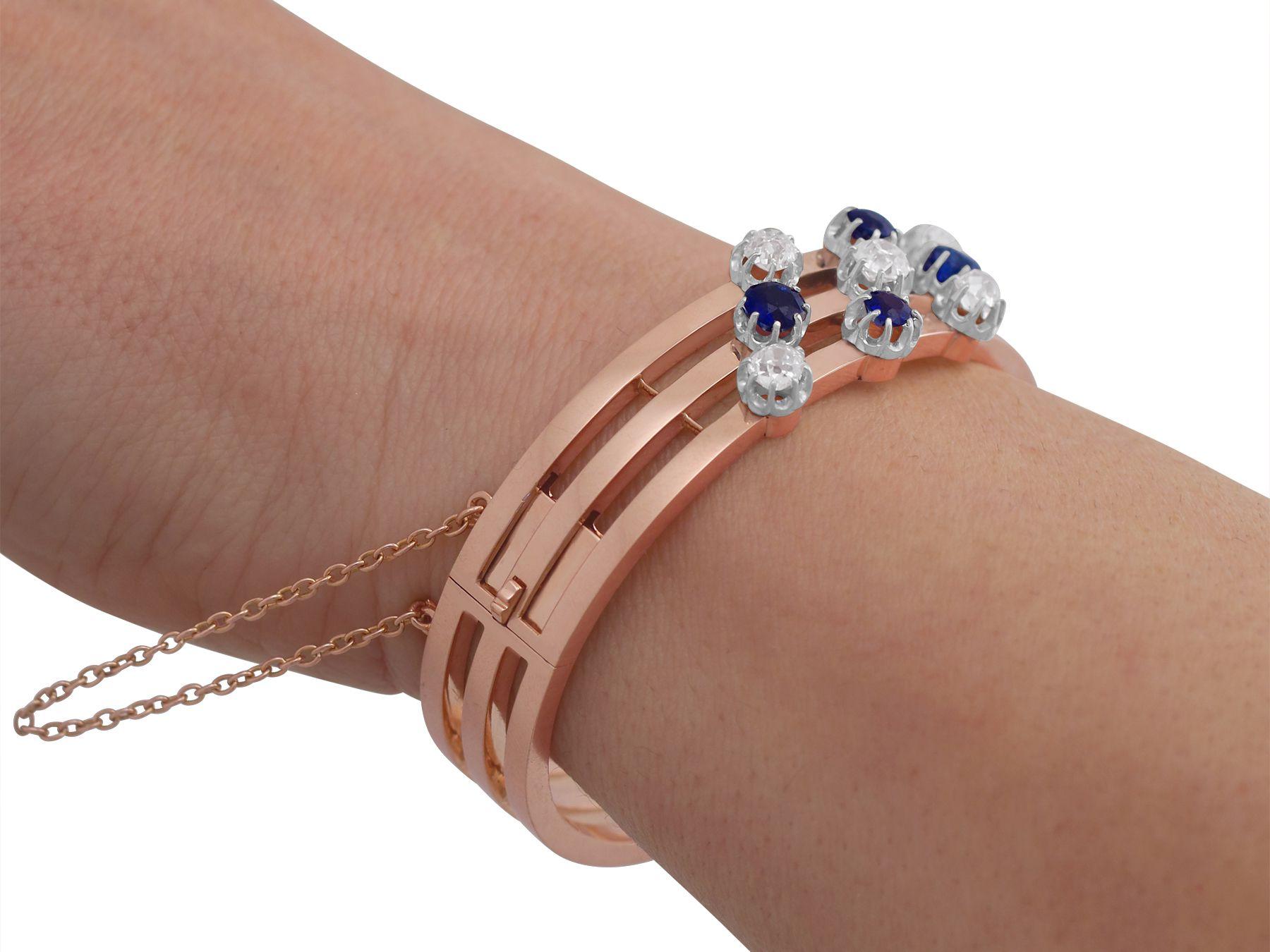 Antique French Sapphire and 2.05 Carat Diamond Rose Gold Bangle For Sale 6