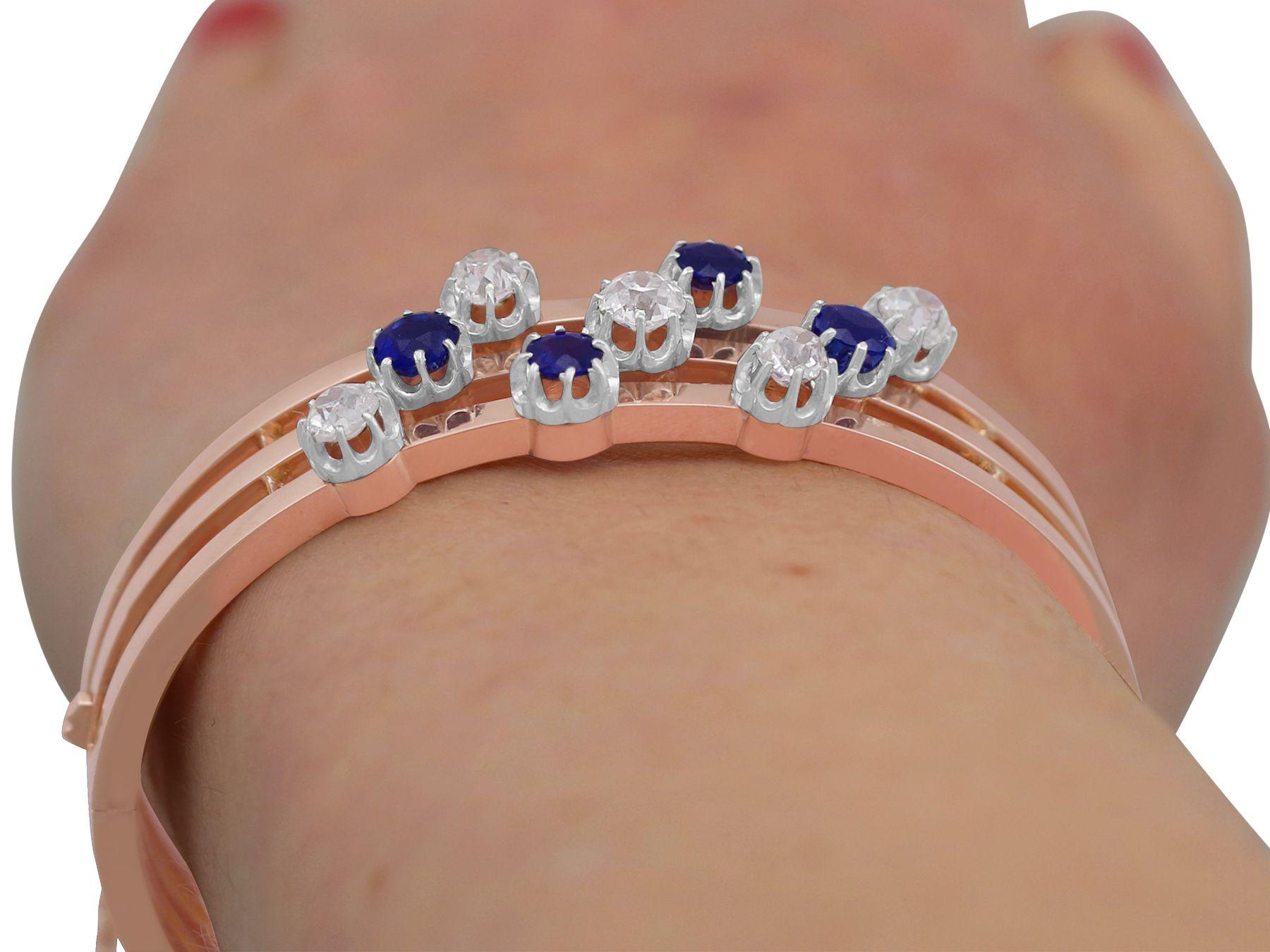 Antique French Sapphire and 2.05 Carat Diamond Rose Gold Bangle For Sale 7