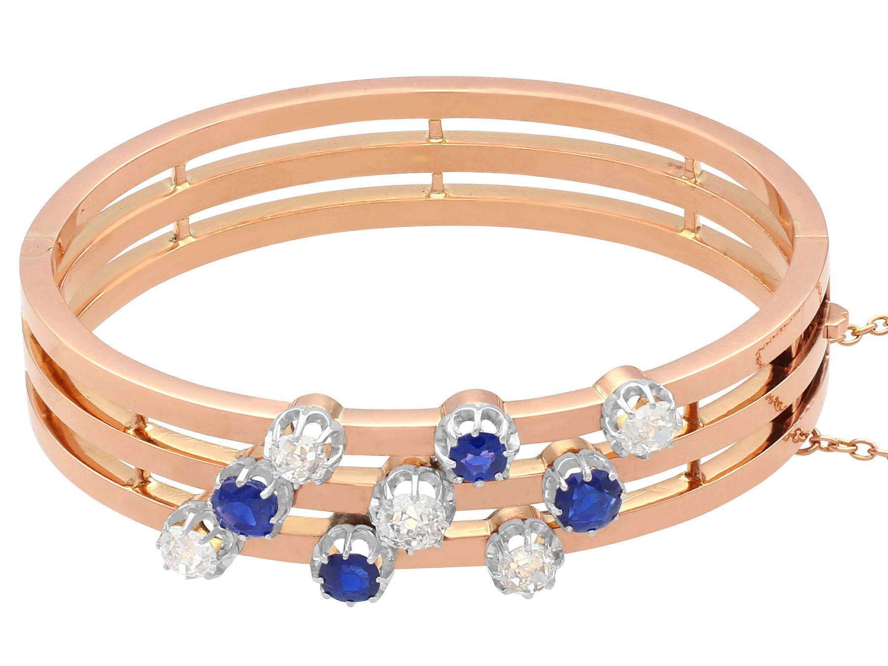 Old European Cut Antique French Sapphire and 2.05 Carat Diamond Rose Gold Bangle For Sale