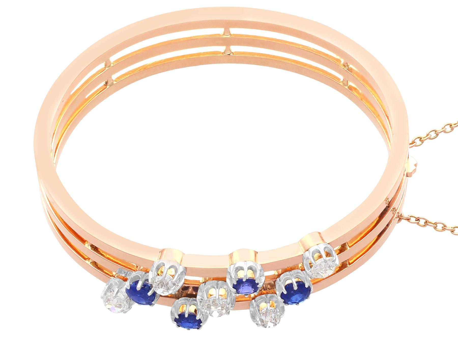 Antique French Sapphire and 2.05 Carat Diamond Rose Gold Bangle For Sale 2